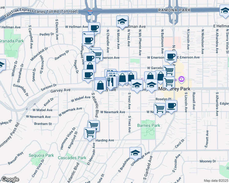 map of restaurants, bars, coffee shops, grocery stores, and more near 616 West Garvey Avenue in Monterey Park