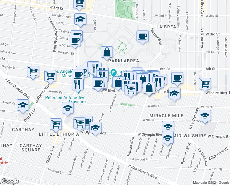 map of restaurants, bars, coffee shops, grocery stores, and more near 712 South Stanley Avenue in Los Angeles