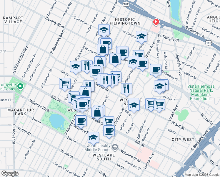 map of restaurants, bars, coffee shops, grocery stores, and more near in Los Angeles
