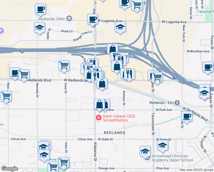 map of restaurants, bars, coffee shops, grocery stores, and more near 1511 West Redlands Boulevard in Redlands