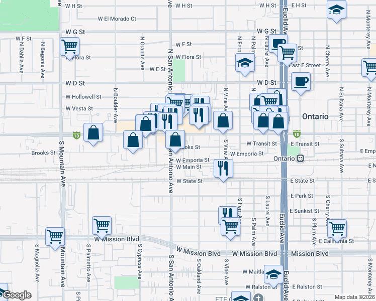 map of restaurants, bars, coffee shops, grocery stores, and more near 608 West Emporia Street in Ontario