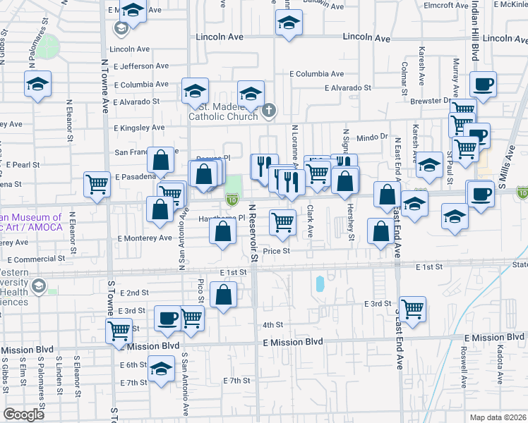 map of restaurants, bars, coffee shops, grocery stores, and more near 933 East Hawthorne Place in Pomona