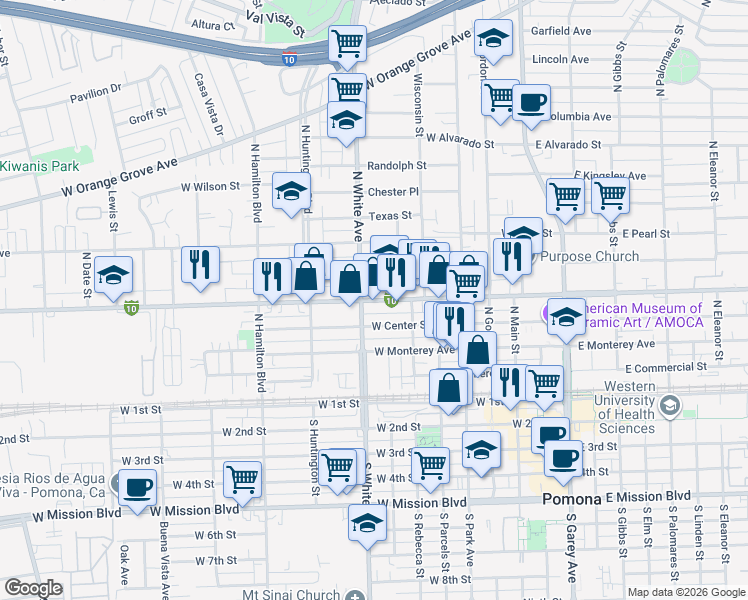 map of restaurants, bars, coffee shops, grocery stores, and more near 572 West Holt Avenue in Pomona