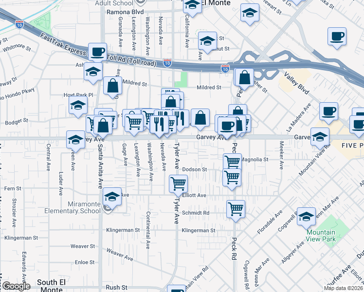 map of restaurants, bars, coffee shops, grocery stores, and more near 2828 Lily Lane in El Monte