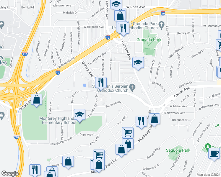 map of restaurants, bars, coffee shops, grocery stores, and more near 1721 Garvey Avenue in Alhambra