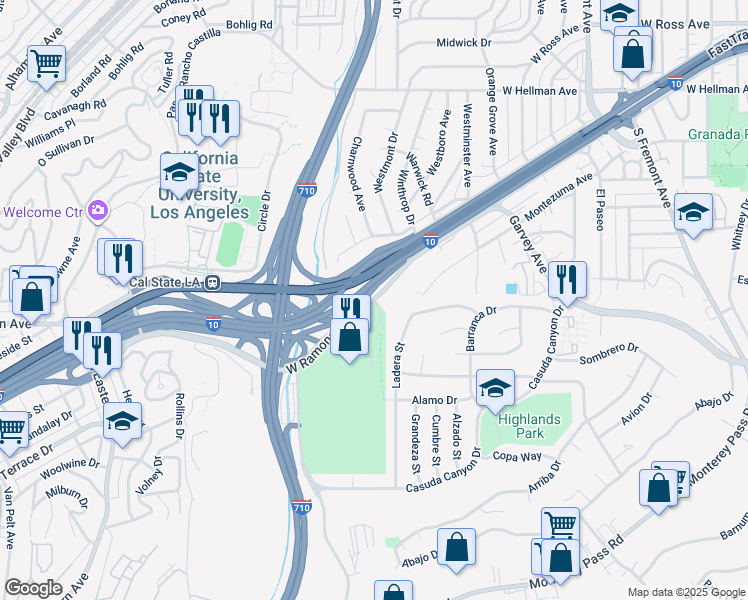 map of restaurants, bars, coffee shops, grocery stores, and more near 3500 West Ramona Boulevard in Monterey Park