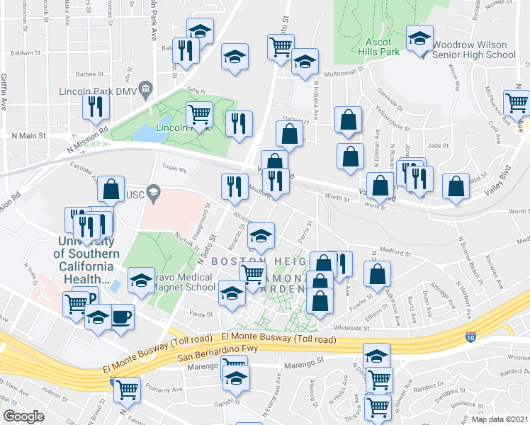 map of restaurants, bars, coffee shops, grocery stores, and more near 1632 Tremont Street in Los Angeles