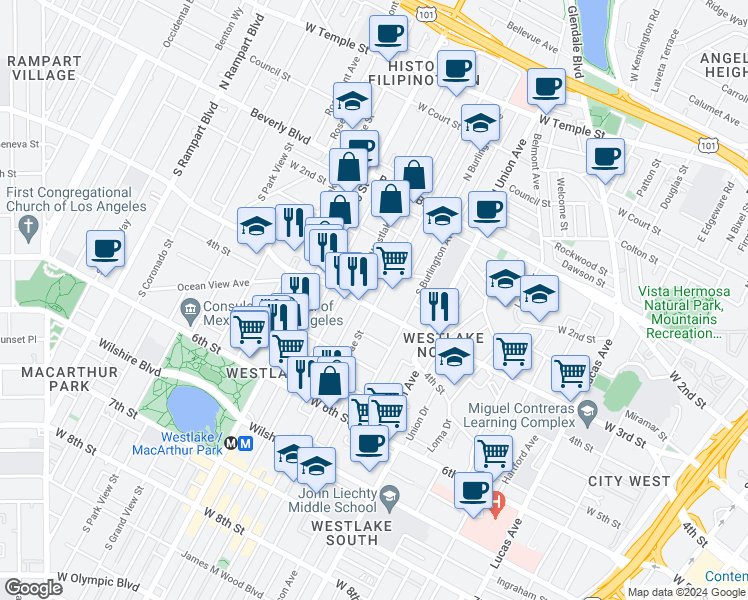 map of restaurants, bars, coffee shops, grocery stores, and more near in Los Angeles