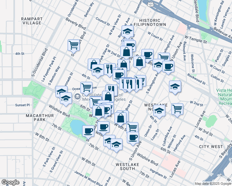 map of restaurants, bars, coffee shops, grocery stores, and more near 309 South Westlake Avenue in Los Angeles