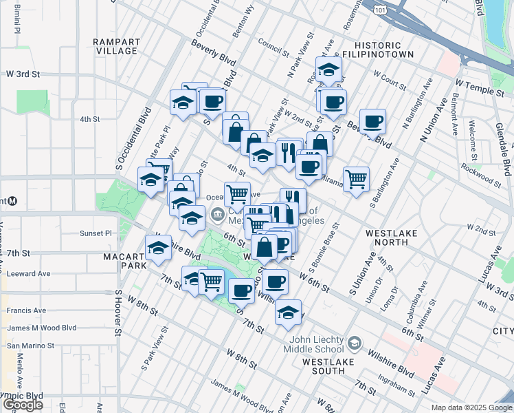 map of restaurants, bars, coffee shops, grocery stores, and more near 433 South Lake Street in Los Angeles