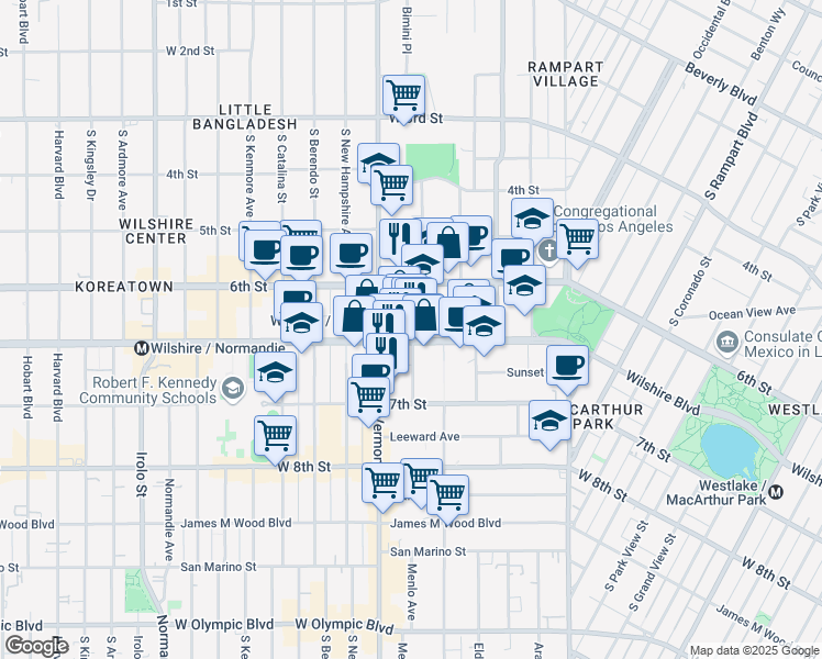 map of restaurants, bars, coffee shops, grocery stores, and more near 3183 Wilshire Boulevard in Los Angeles