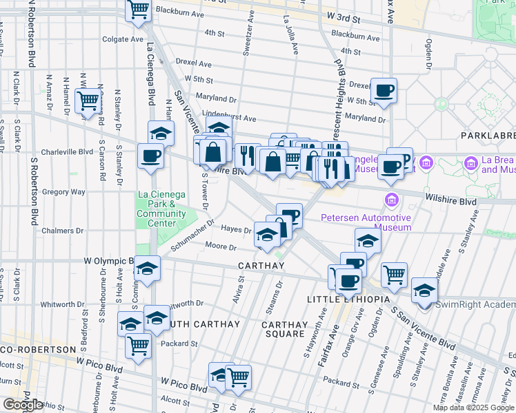 map of restaurants, bars, coffee shops, grocery stores, and more near 6460 San Vicente Boulevard in Los Angeles