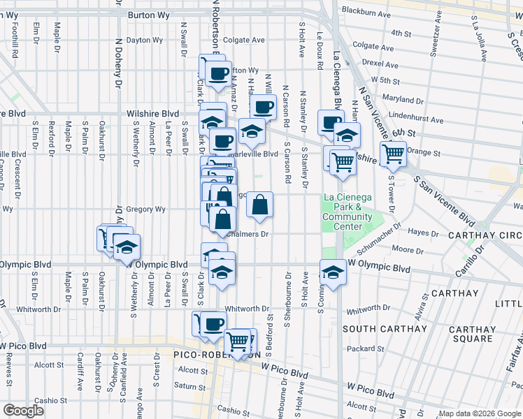 map of restaurants, bars, coffee shops, grocery stores, and more near 819 1/2 South Shenandoah Street in Los Angeles