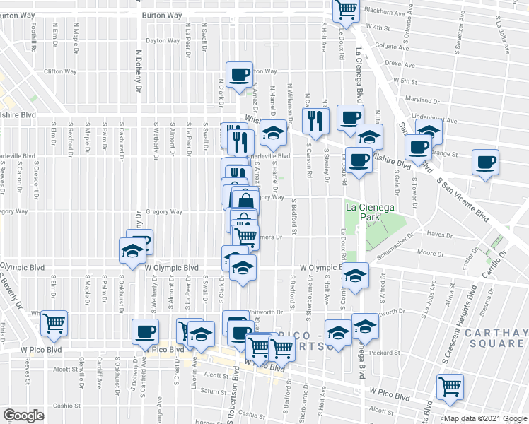 map of restaurants, bars, coffee shops, grocery stores, and more near 819 1/2 South Shenandoah Street in Los Angeles