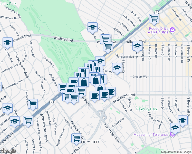 map of restaurants, bars, coffee shops, grocery stores, and more near 1880 Century Park East in Los Angeles