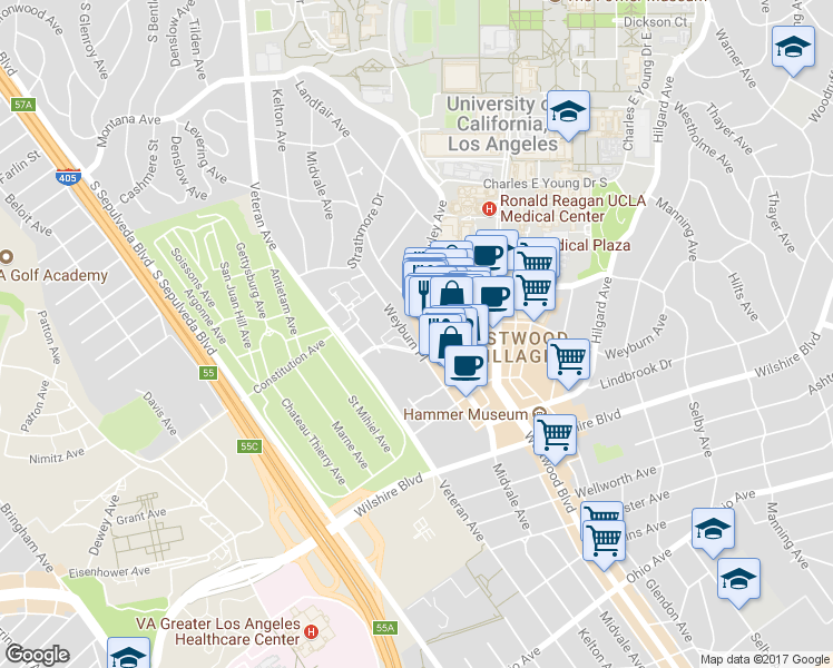 map of restaurants, bars, coffee shops, grocery stores, and more near 925 Weyburn Avenue in Los Angeles