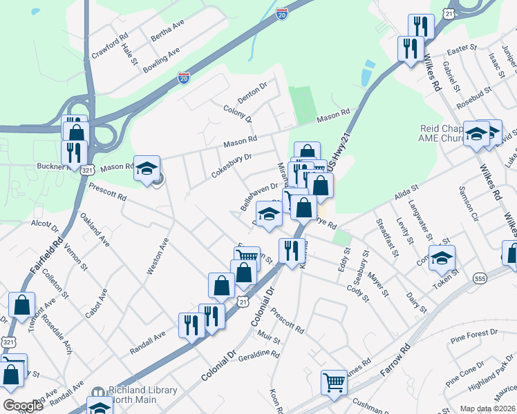 map of restaurants, bars, coffee shops, grocery stores, and more near 817 Danbury Drive in Columbia