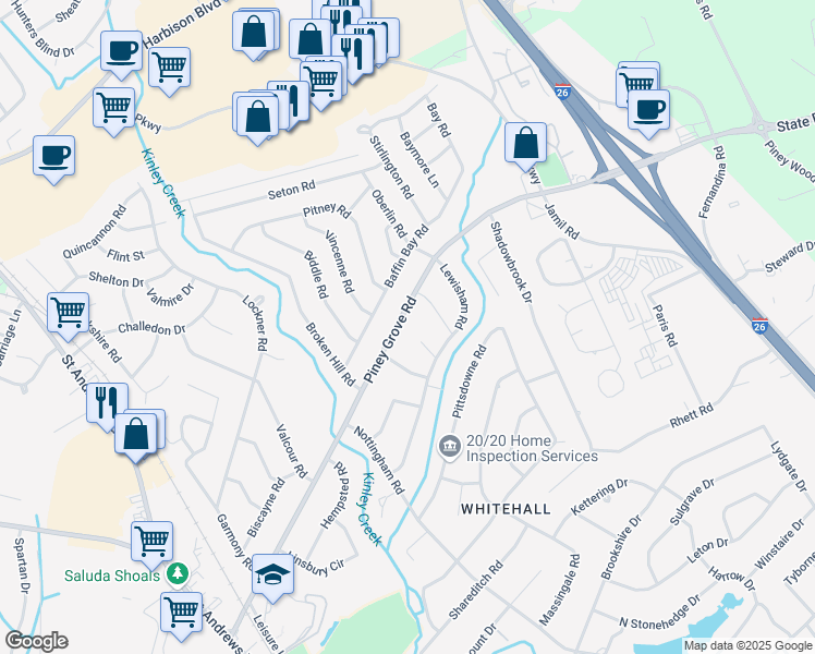 map of restaurants, bars, coffee shops, grocery stores, and more near 261 Piney Grove Road in Columbia