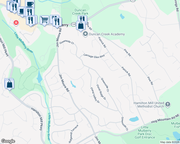 map of restaurants, bars, coffee shops, grocery stores, and more near 2422 Floral Valley Drive in Dacula