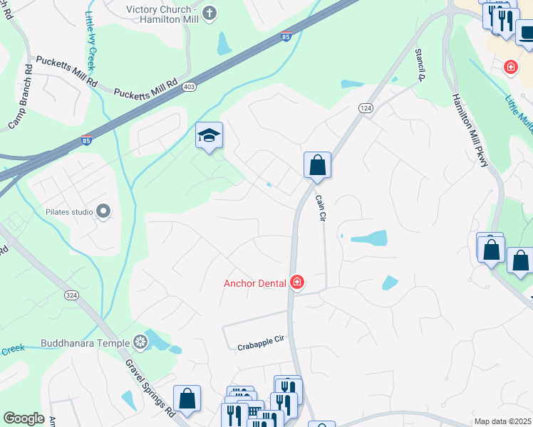map of restaurants, bars, coffee shops, grocery stores, and more near 2297 Ironwood Hill Court in Dacula