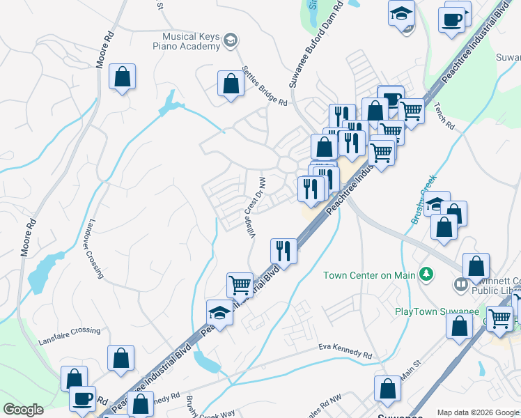 map of restaurants, bars, coffee shops, grocery stores, and more near 797 Village Field Court Northwest in Suwanee