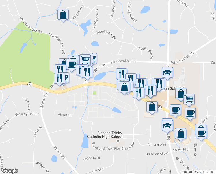 map of restaurants, bars, coffee shops, grocery stores, and more near 5702 Waters Edge Trail in Roswell