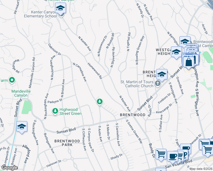 map of restaurants, bars, coffee shops, grocery stores, and more near 250 Homewood Road in Los Angeles
