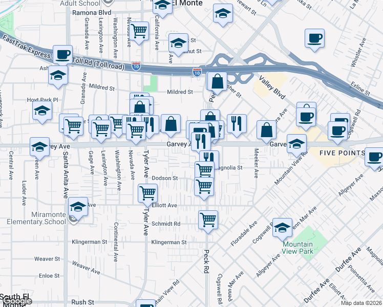 map of restaurants, bars, coffee shops, grocery stores, and more near 2844 New Deal Avenue in El Monte
