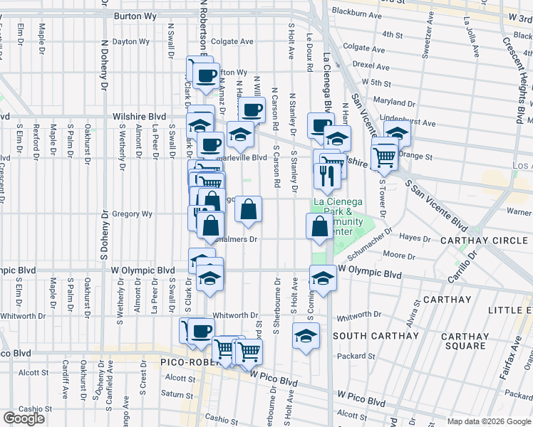 map of restaurants, bars, coffee shops, grocery stores, and more near 820 South Bedford Street in Los Angeles