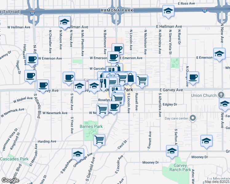 map of restaurants, bars, coffee shops, grocery stores, and more near 2 Garvey Avenue in Monterey Park