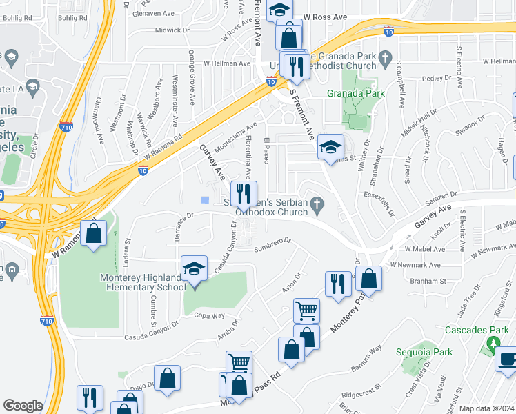 map of restaurants, bars, coffee shops, grocery stores, and more near 1721 Garvey Avenue in Alhambra