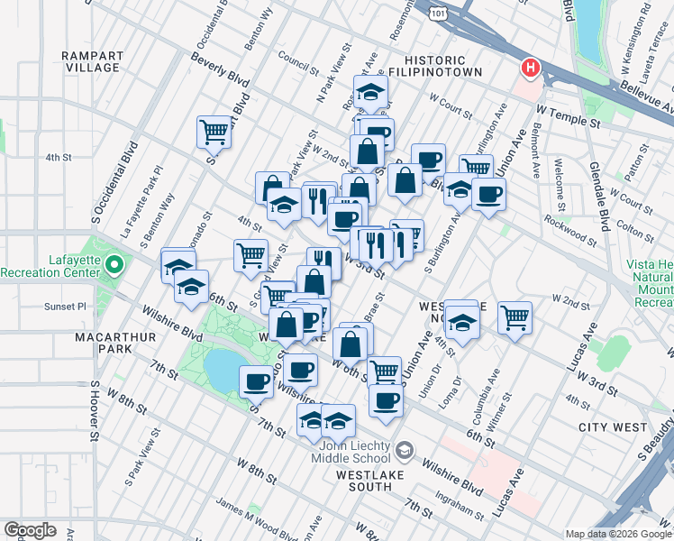 map of restaurants, bars, coffee shops, grocery stores, and more near 320 South Alvarado Street in Los Angeles