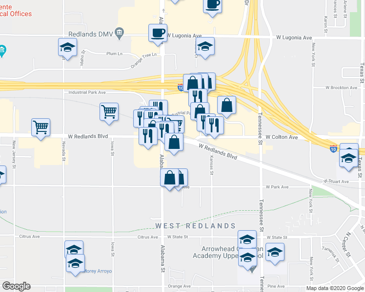 map of restaurants, bars, coffee shops, grocery stores, and more near 1511 West Redlands Boulevard in Redlands