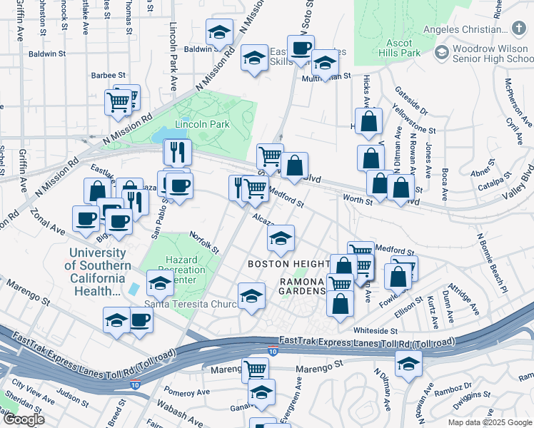 map of restaurants, bars, coffee shops, grocery stores, and more near 1611 Ricardo Street in Los Angeles