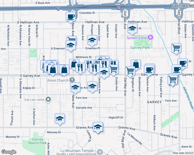 map of restaurants, bars, coffee shops, grocery stores, and more near 7548 Garvey Avenue in Rosemead