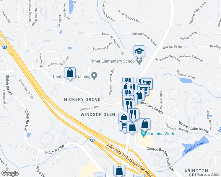 map of restaurants, bars, coffee shops, grocery stores, and more near 4505 Hickory Grove Drive in Acworth