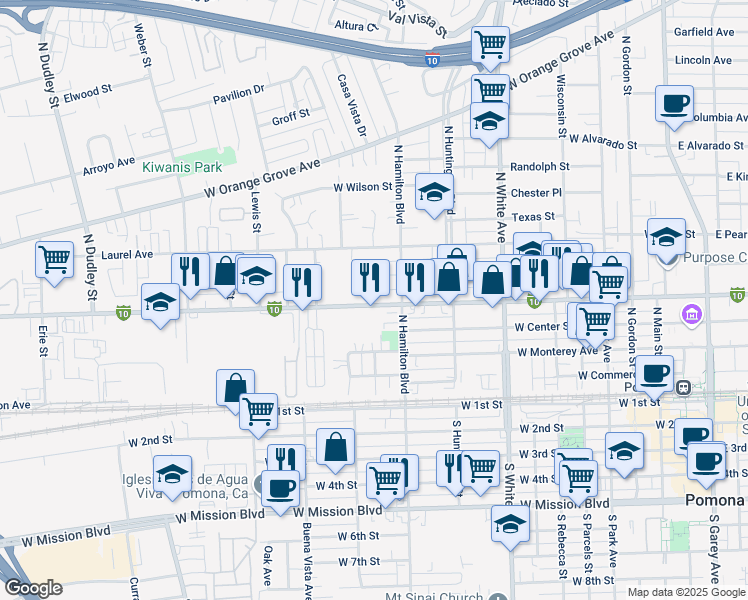 map of restaurants, bars, coffee shops, grocery stores, and more near 857 West Holt Avenue in Pomona