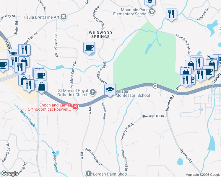 map of restaurants, bars, coffee shops, grocery stores, and more near 11575 Wildwood Springs Dr in Roswell