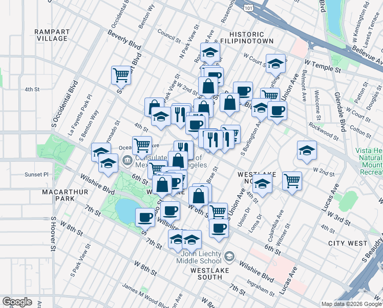 map of restaurants, bars, coffee shops, grocery stores, and more near 309 South Westlake Avenue in Los Angeles
