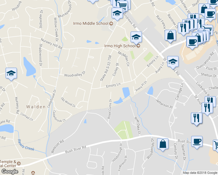 map of restaurants, bars, coffee shops, grocery stores, and more near 506 Emory Lane in Columbia
