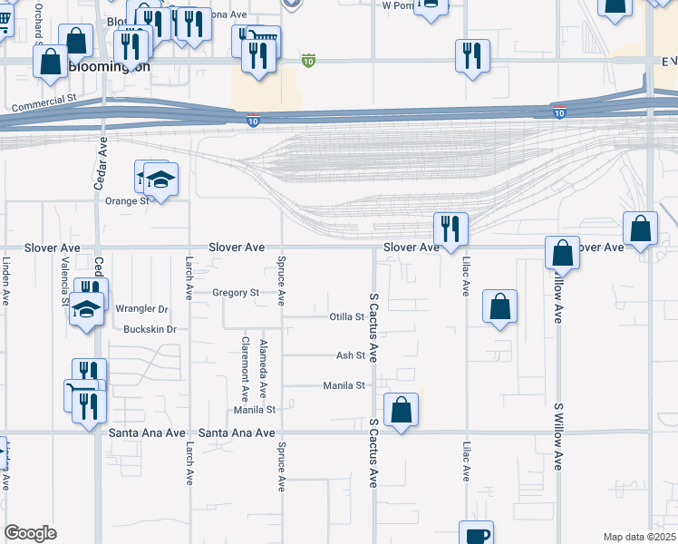 map of restaurants, bars, coffee shops, grocery stores, and more near 19373 Slover Avenue in Bloomington