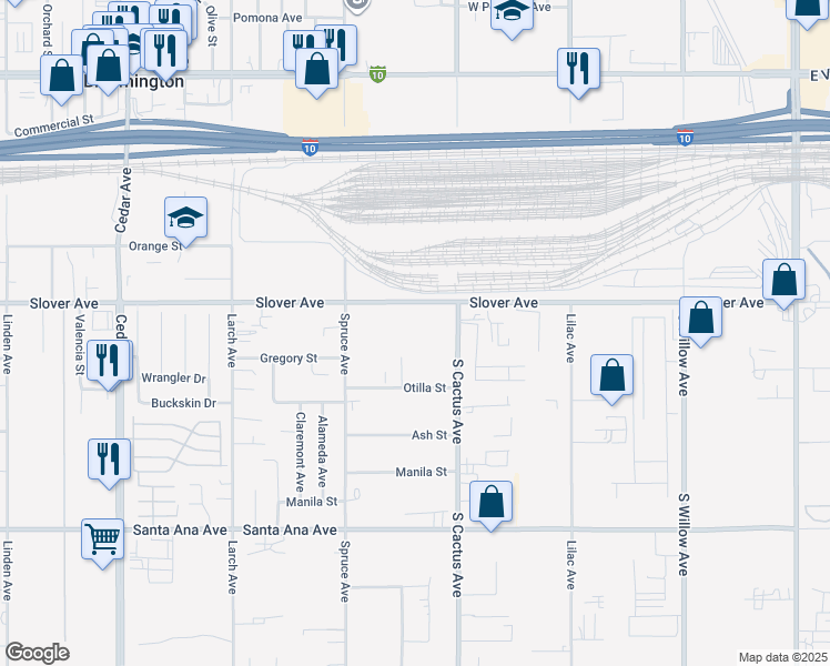 map of restaurants, bars, coffee shops, grocery stores, and more near 19373 Slover Avenue in Bloomington