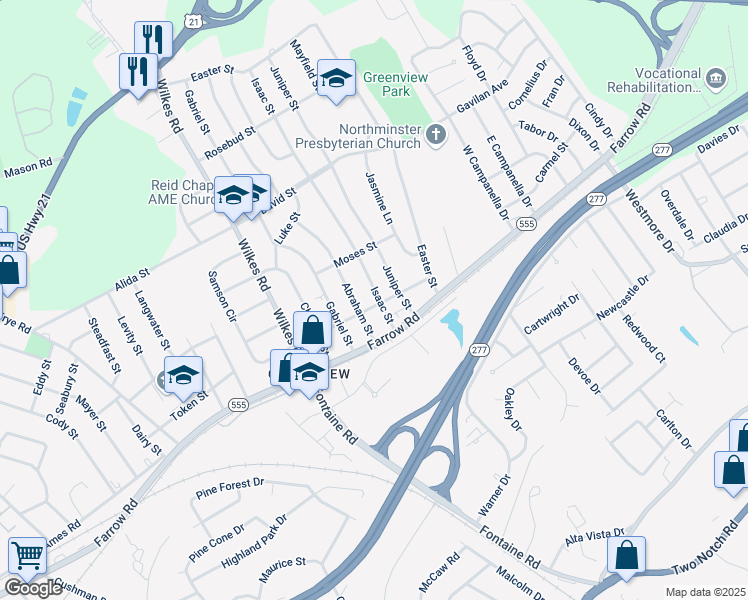 map of restaurants, bars, coffee shops, grocery stores, and more near 6304 Benedict Street in Columbia