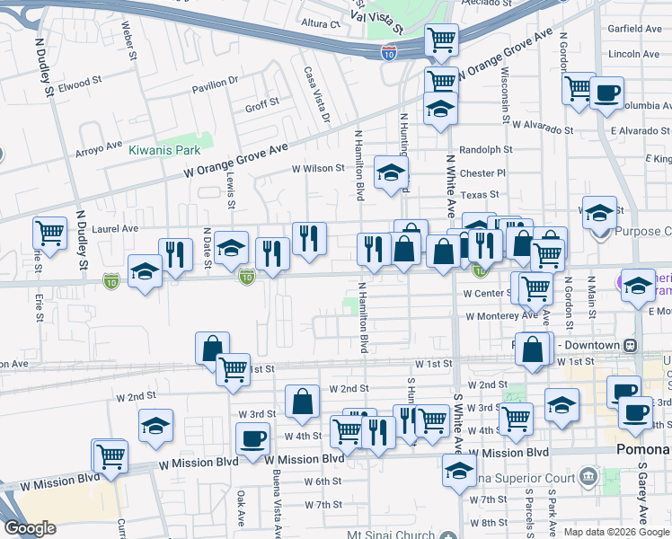 map of restaurants, bars, coffee shops, grocery stores, and more near 855 West Holt Avenue in Pomona