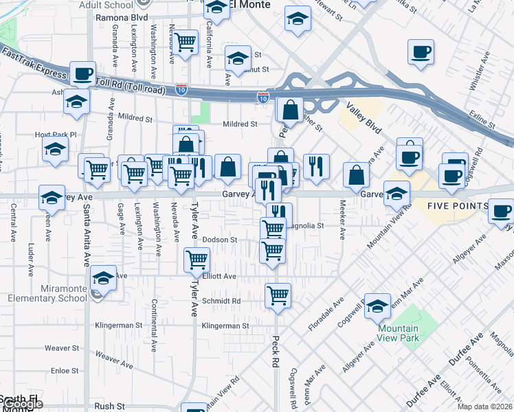 map of restaurants, bars, coffee shops, grocery stores, and more near 2844 New Deal Avenue in El Monte