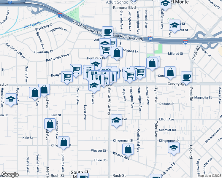 map of restaurants, bars, coffee shops, grocery stores, and more near 2742 Santa Anita Avenue in El Monte