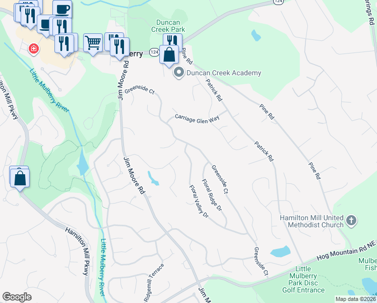 map of restaurants, bars, coffee shops, grocery stores, and more near 2422 Floral Valley Drive in Dacula