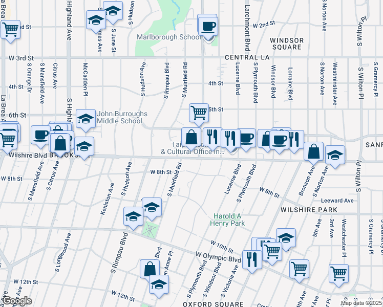 map of restaurants, bars, coffee shops, grocery stores, and more near 4546 Wilshire Boulevard in Los Angeles