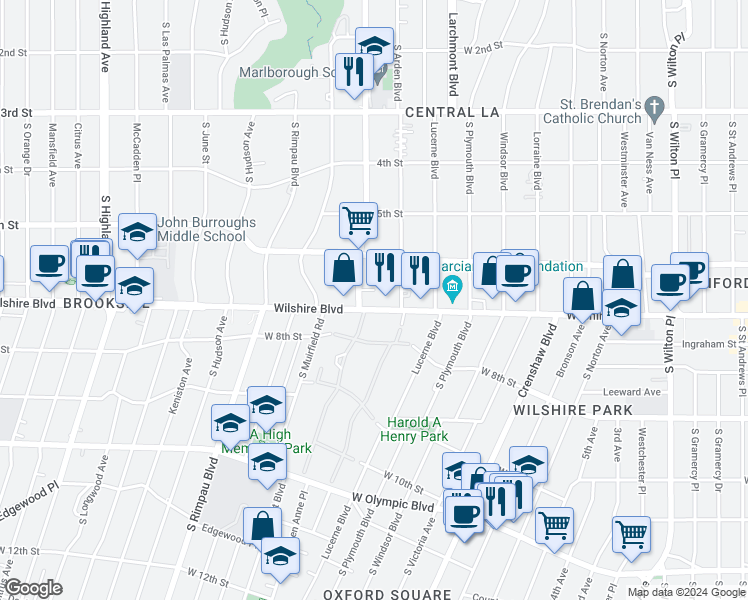 map of restaurants, bars, coffee shops, grocery stores, and more near 4477 Wilshire Boulevard in Los Angeles