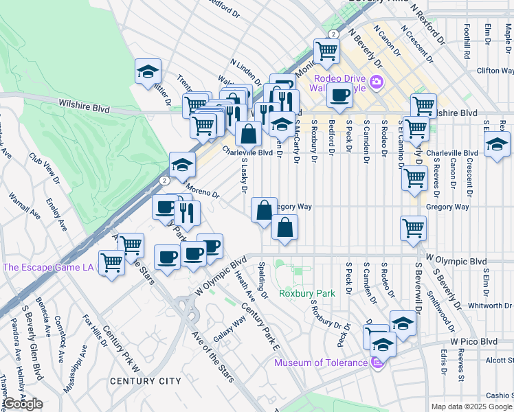 map of restaurants, bars, coffee shops, grocery stores, and more near 9754 Gregory Way in Beverly Hills